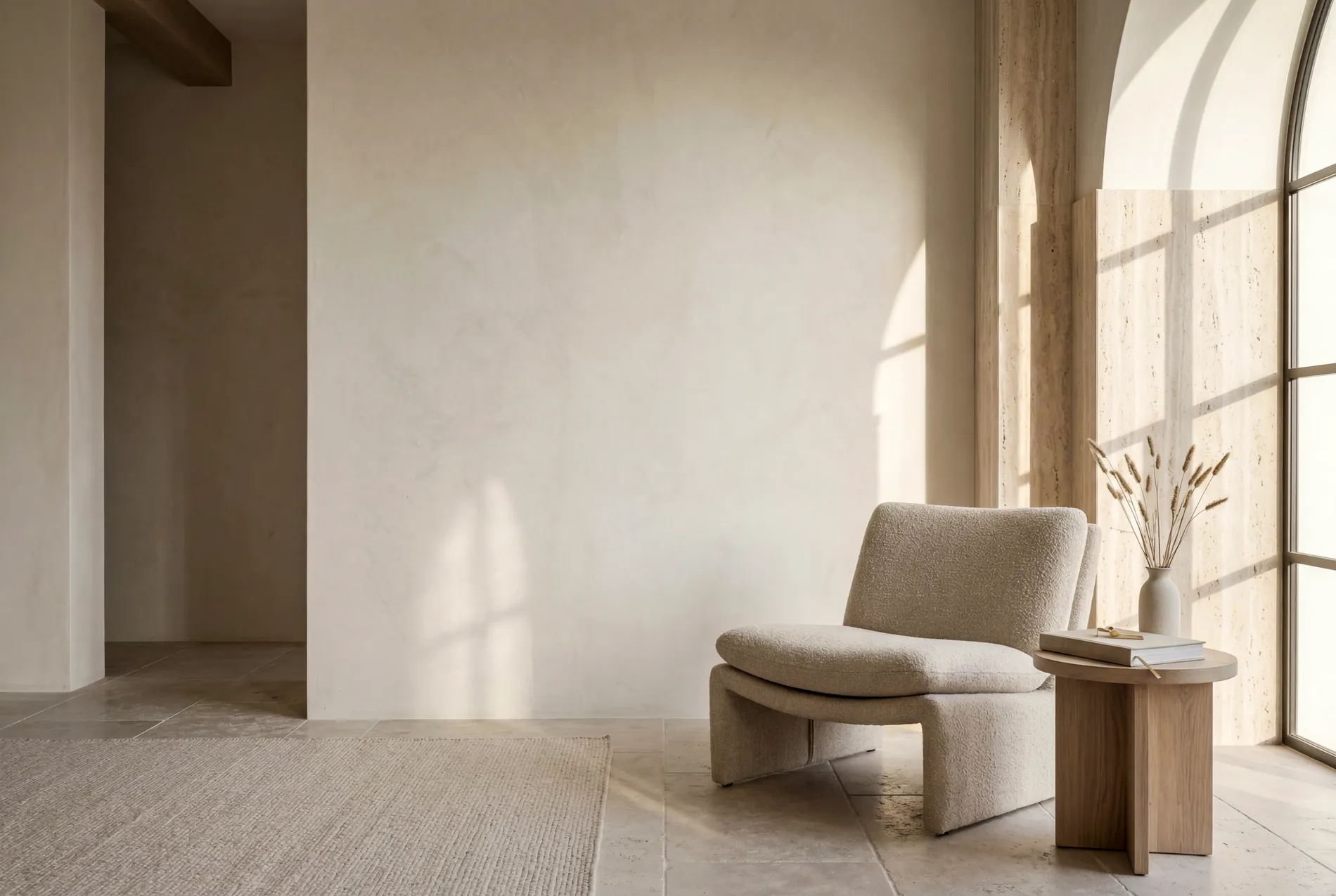 A boucle chair and oak side table in a plaster-walled room with travertine and an arched window.