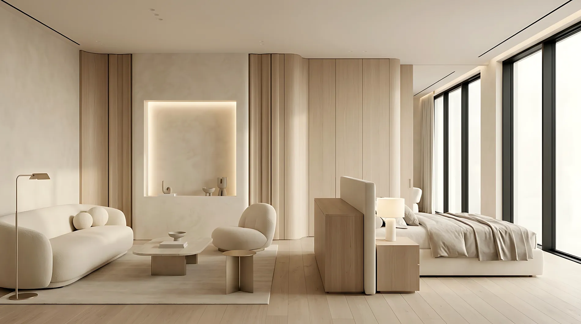 A calm living and sleeping space with fluted timber joinery, plaster walls and floor-to-ceiling glazing.