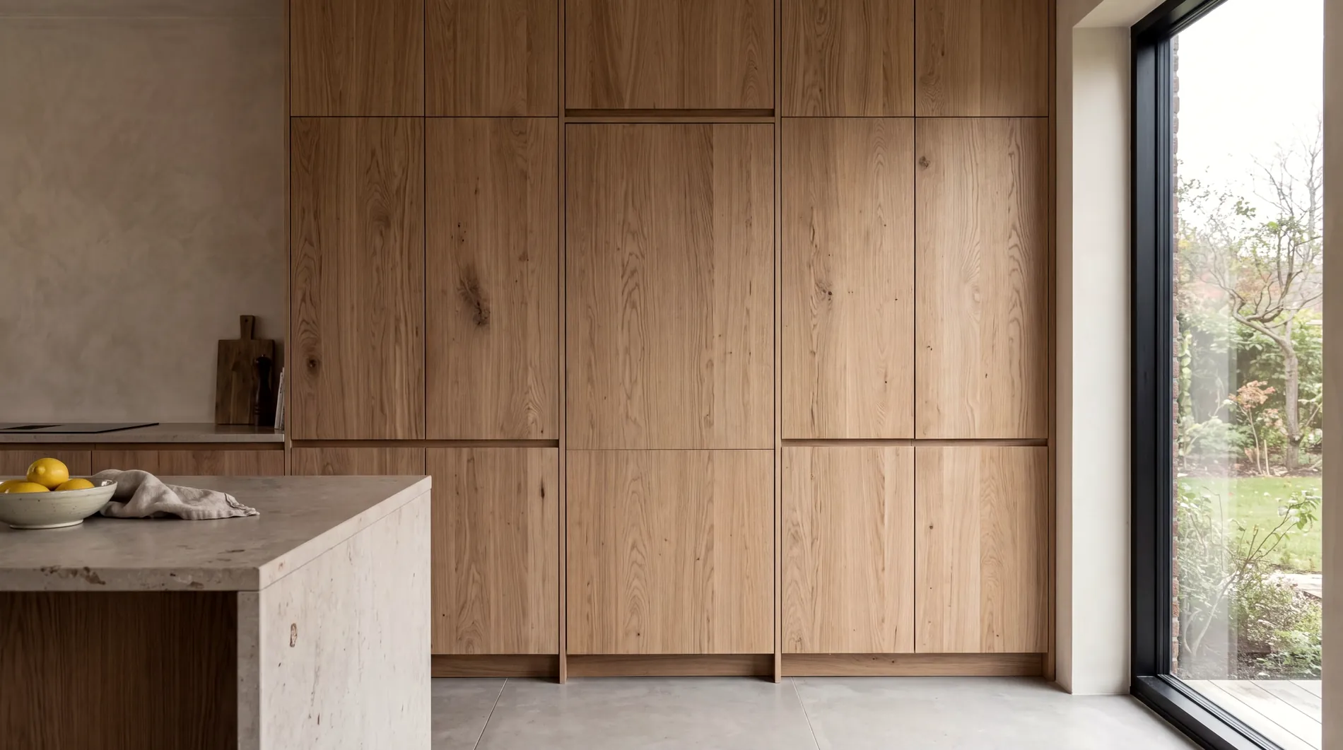 Full-height oak joinery with fine shadow gaps beside a travertine island and a black-framed window.