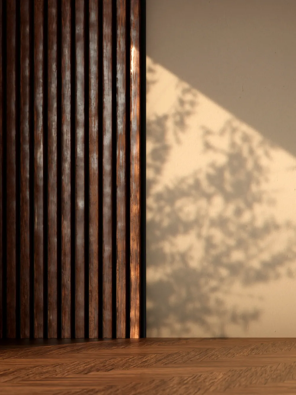 Warm light and shadow falling across a plaster wall beside a vertical timber slat screen.